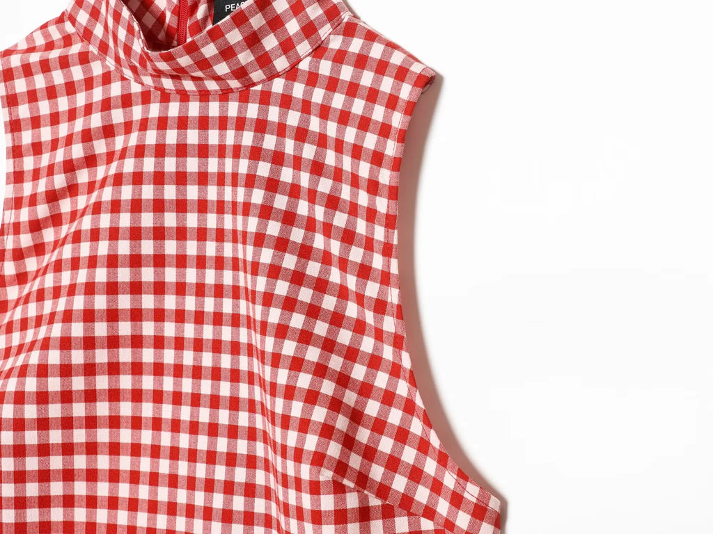 Vintage Red White Plaid 2-Piece Set Collar Zipper Sleeveless Vest+Side Slim Pant