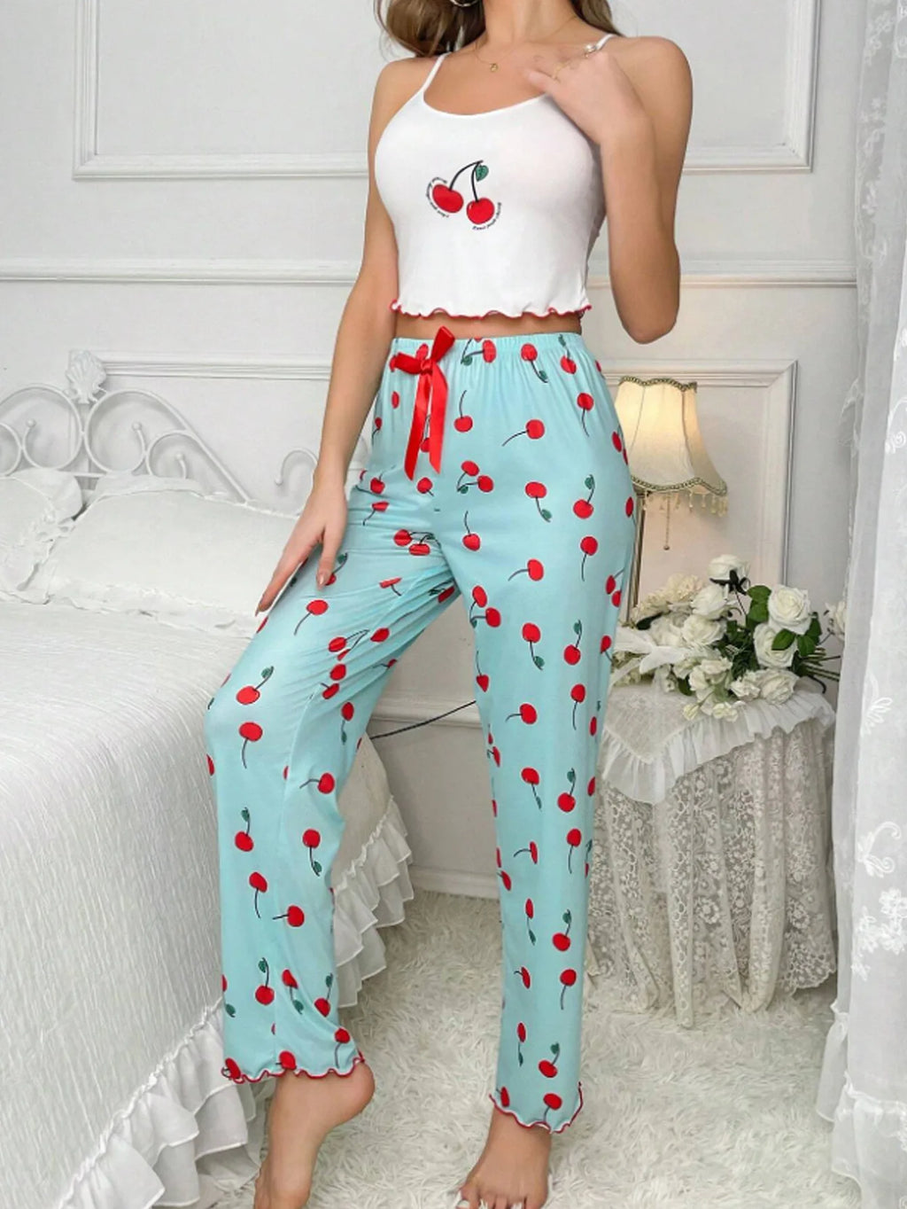 Y2K Coquette Cherry Print Pajama Cami Crop Top Pants Two Piece Loungewear