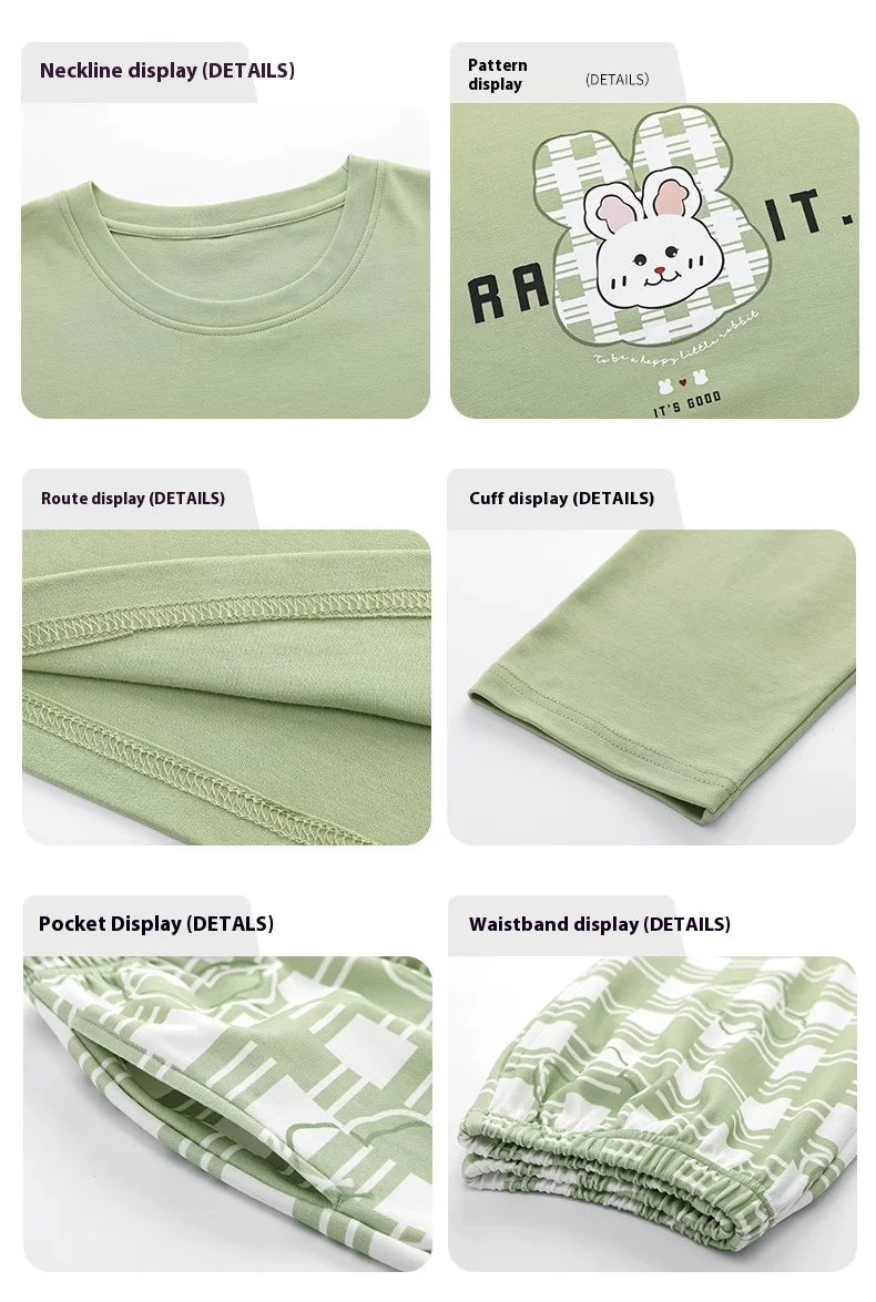 Cotton High Quality Large Size Ladies Pullover Long-Sleeved Cartoon Home wear 2PCS/Set