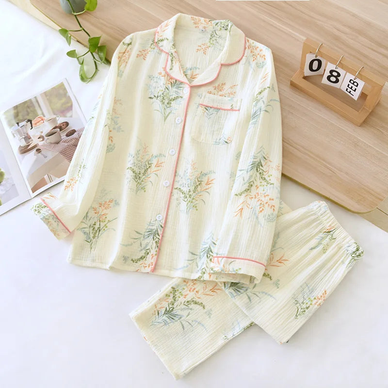 Ladies 100% Cotton Crepe Long sleeved Pants Two-piece Cute and Sweet Set