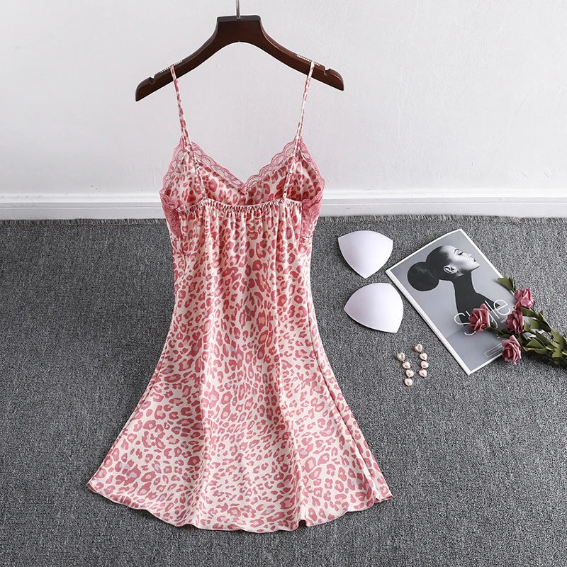 Pink Lace Trim Leopard Print Sling Dress