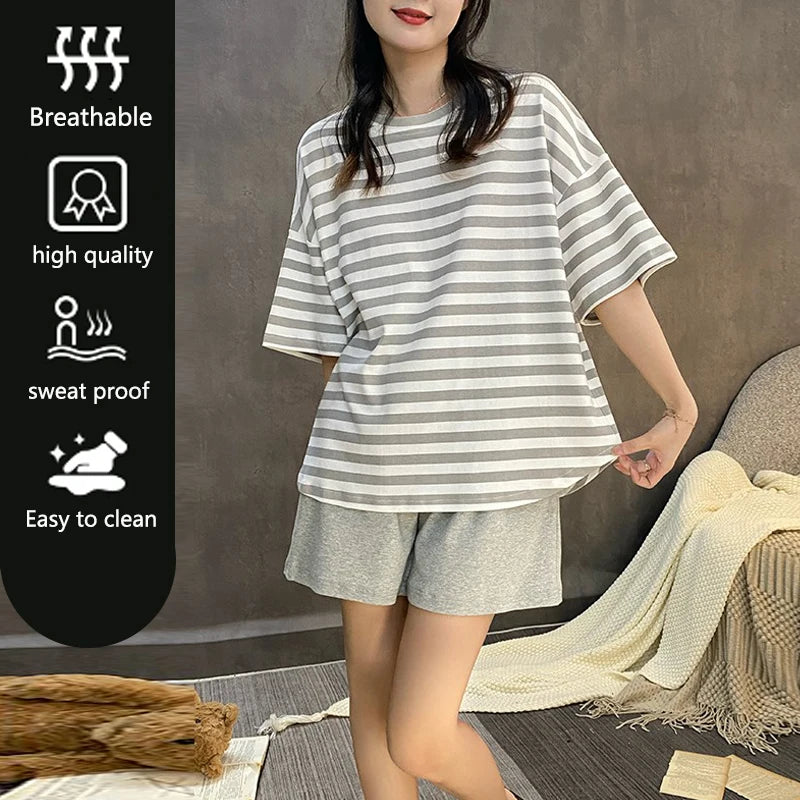 Oversized Women Striped Short Sleeve Shorts Two-piece with Self Chest Pads