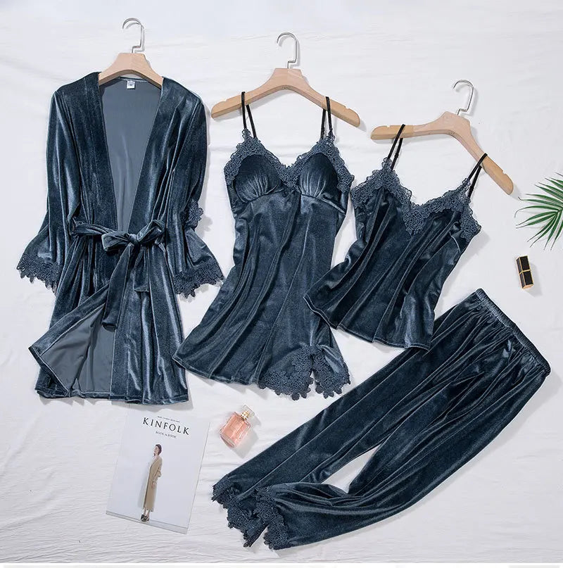 Velvet Lace Long Sleeve Set with Chest Pad Strap Four-piece