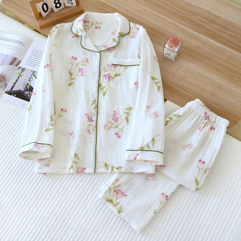 Ladies 100% Cotton Crepe Long sleeved Pants Two-piece Cute and Sweet Set