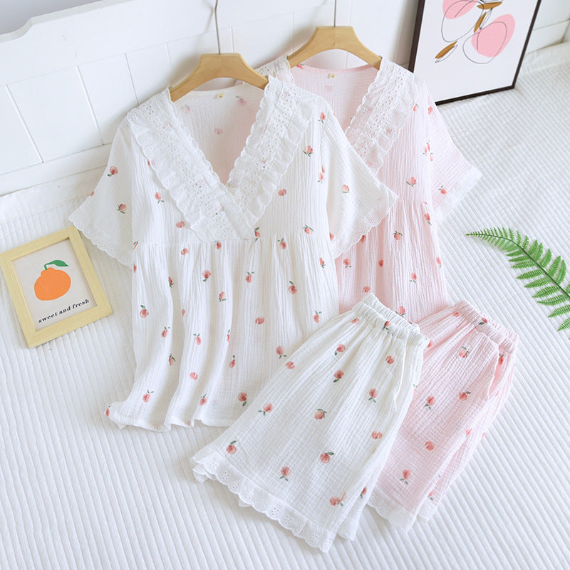 Short-sleeved Short Two-piece Set 100% Cotton Crepe V-neck