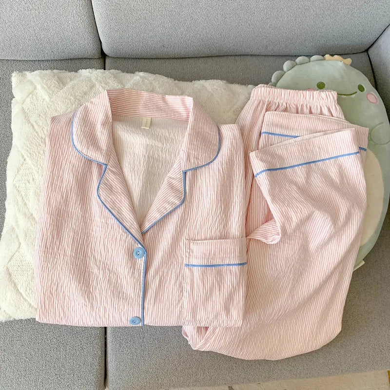 Cloud Soft Cotton ong-Sleeved Top with Long Trousers Sweet and Cute Pajama Set