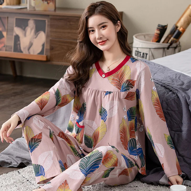 V-Neck Long Sleeve Floral Print Nightwear Cotton Sleepwear
