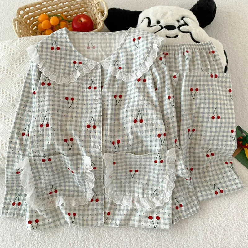 Spring Cloud-Print Cotton-Trimmed Collar Checked Sets