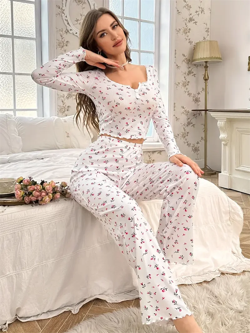 Ditsy Floral Apricot Soft Pajama Set Long Sleeve Top and Pants Loungewear