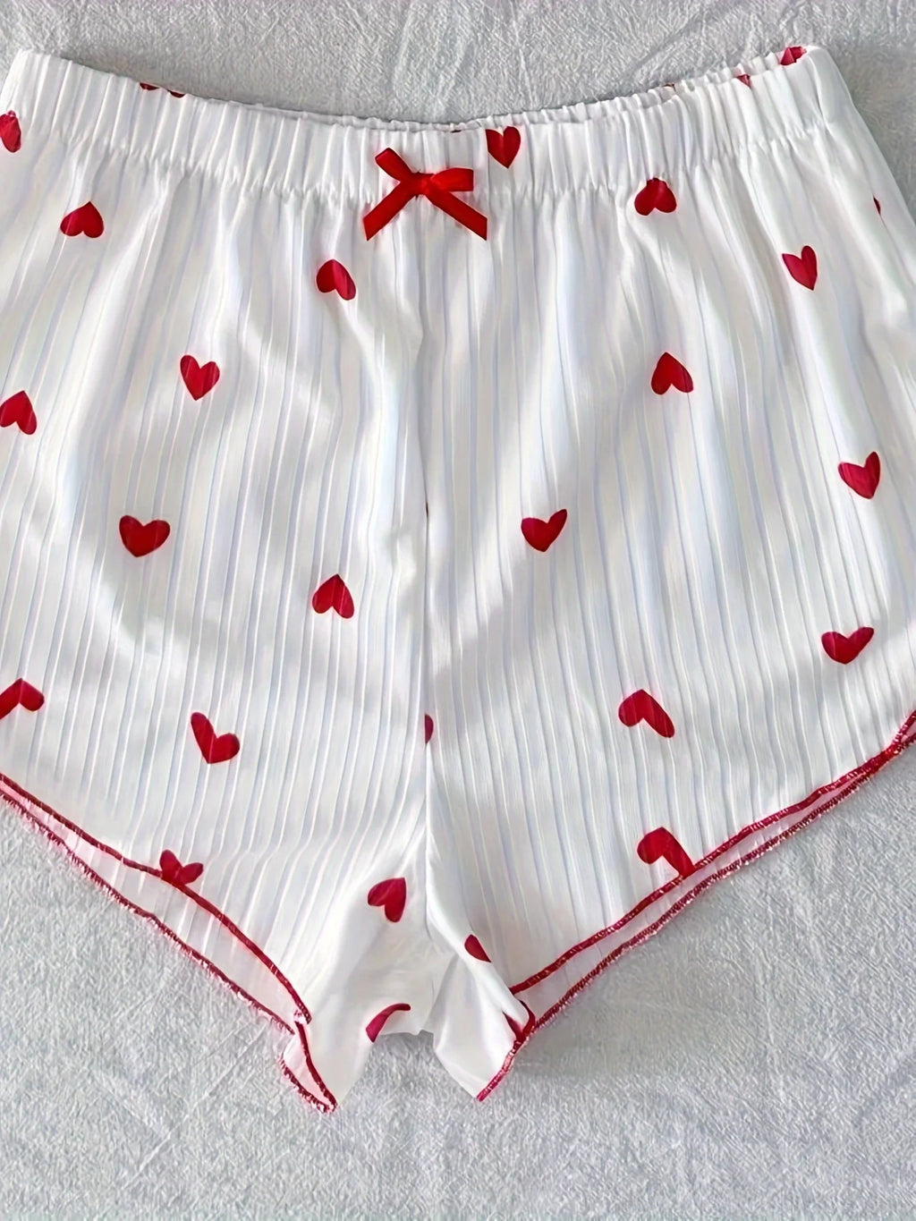 Backless Heart Print Sexy Ribbed Bow Decor Round Neck Cami Top & Shorts Pajama Set