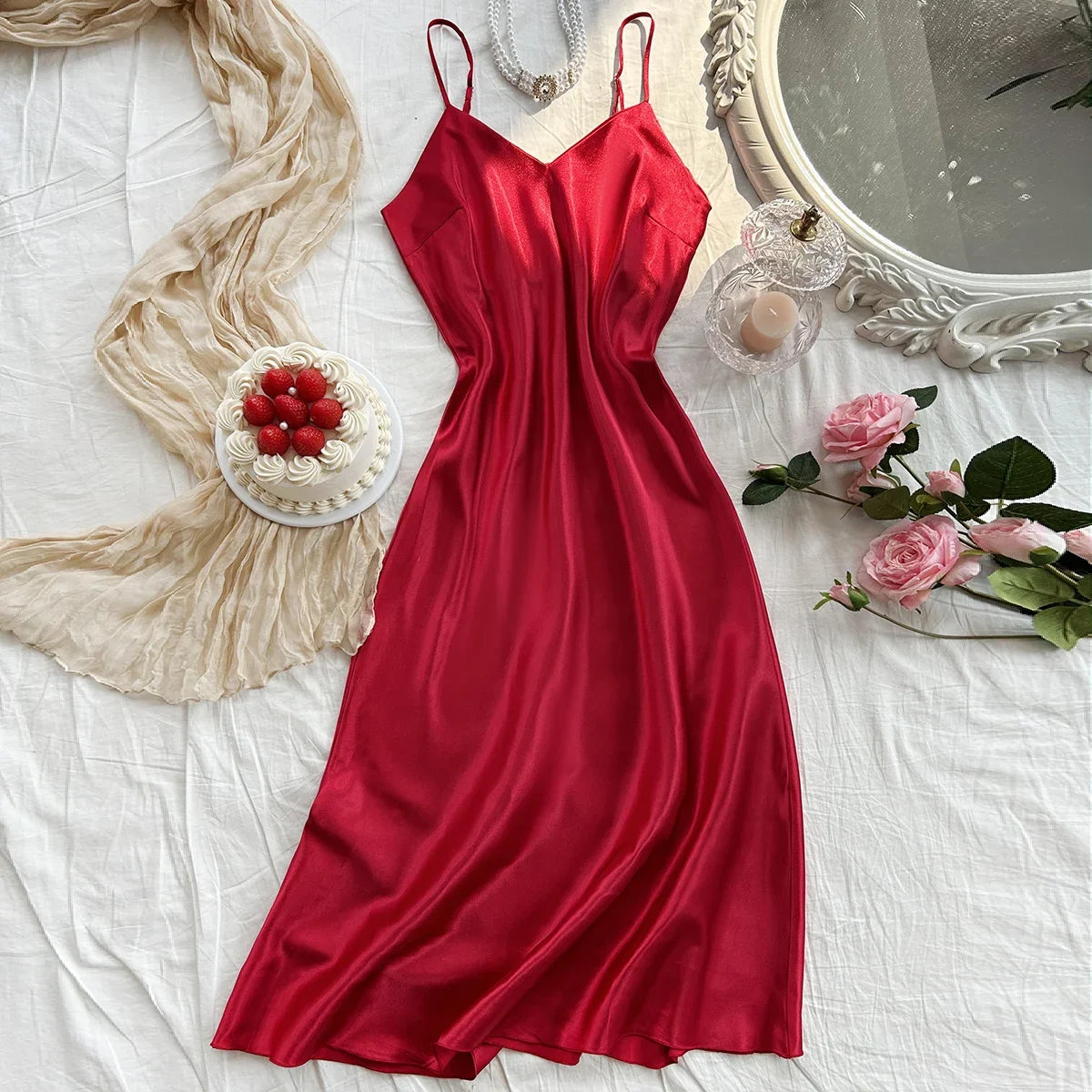 Elegant Satin Sexy Long Slip Solid Color Nightdress