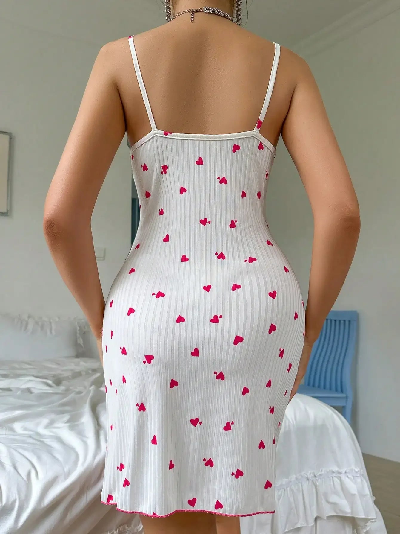 Women's Sexy Nightdress Gown Lace Trim Camisole Bow Heart Print Sleeveless