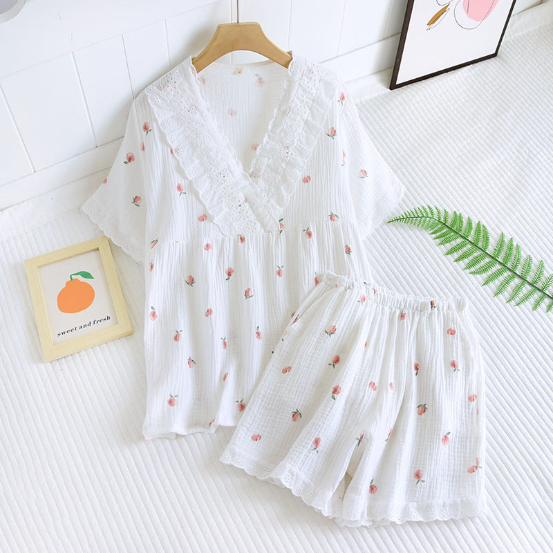 Short-sleeved Short Two-piece Set 100% Cotton Crepe V-neck