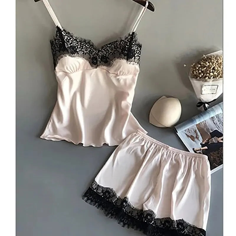 V-Neck Lace Sexy Lingerie Sleep Shorts Set