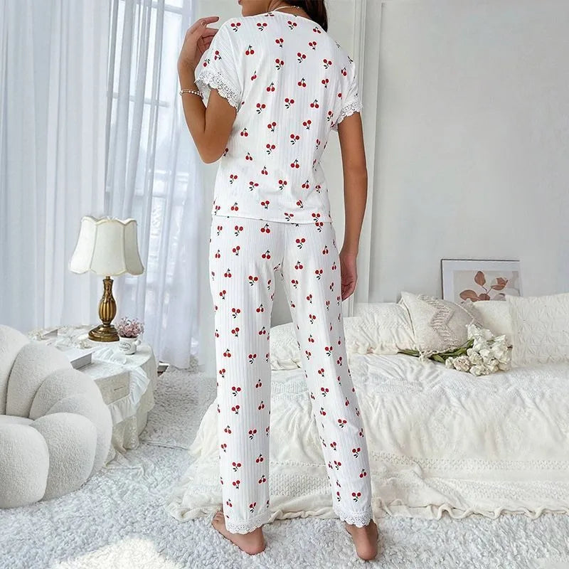 Lace Collar Printed Shirt Trousers Loungewear