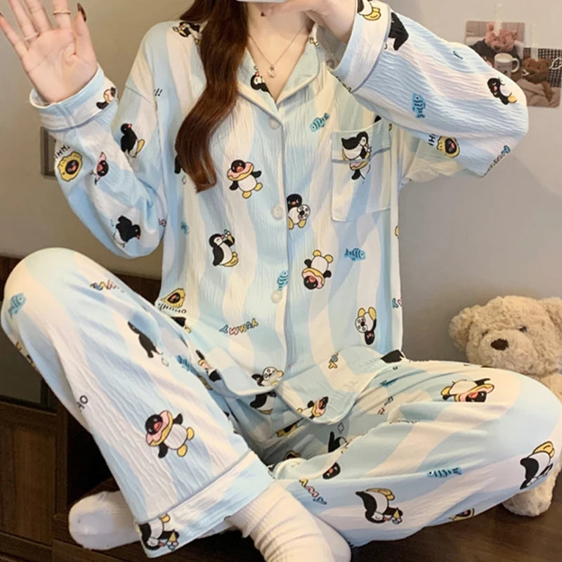 Cartoon Cute Penguins Blue White Striped Milk Silk Sleepwear