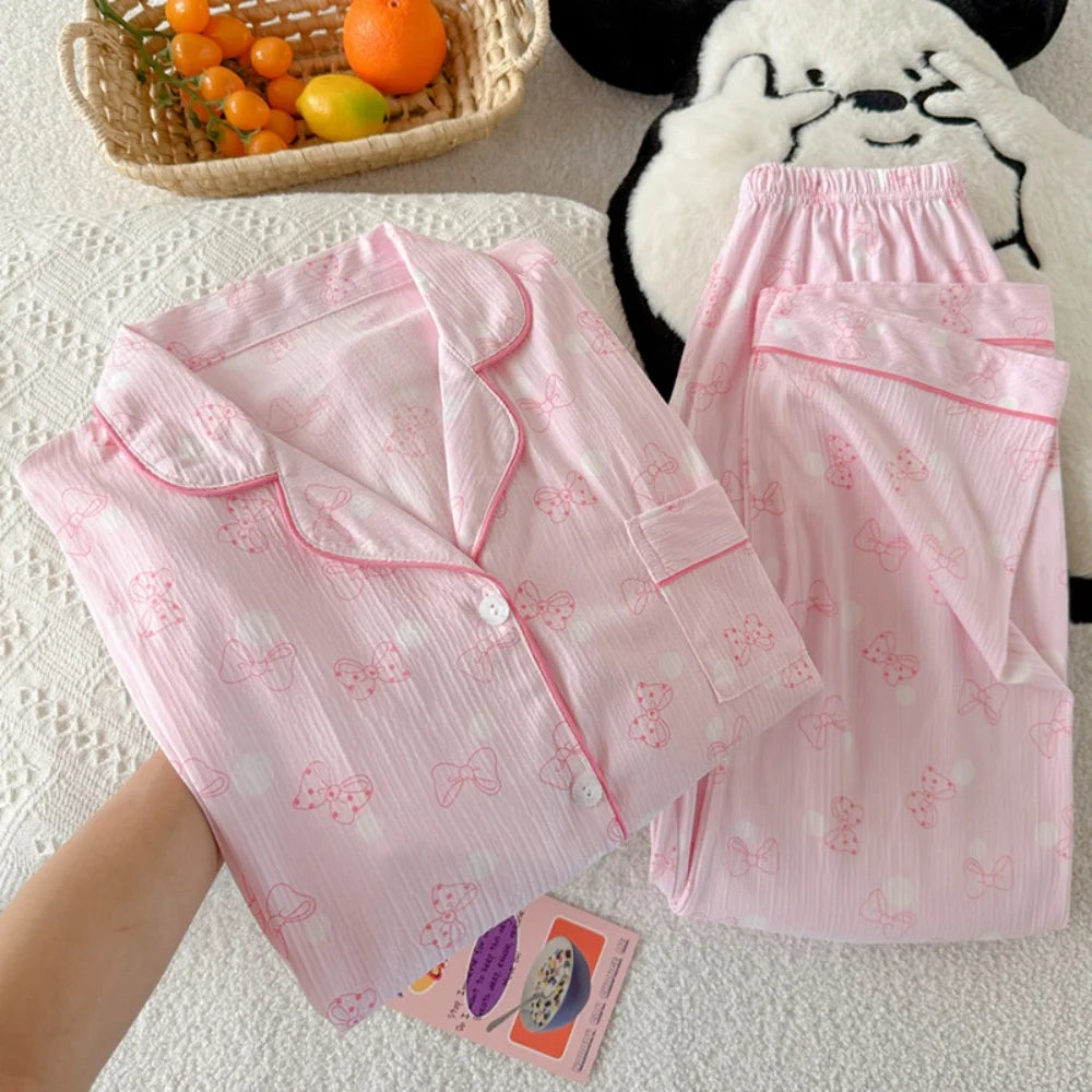Women's Pink Bow Collar Loose Pajamas Long Sleeve Long Pants Set
