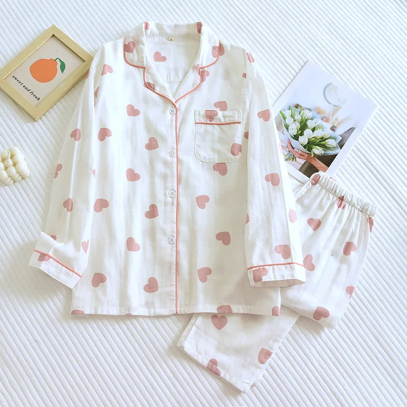 Women's 100% Cotton Long Sleeve Pants Two Piece Love Lovely Sweet Home Set
