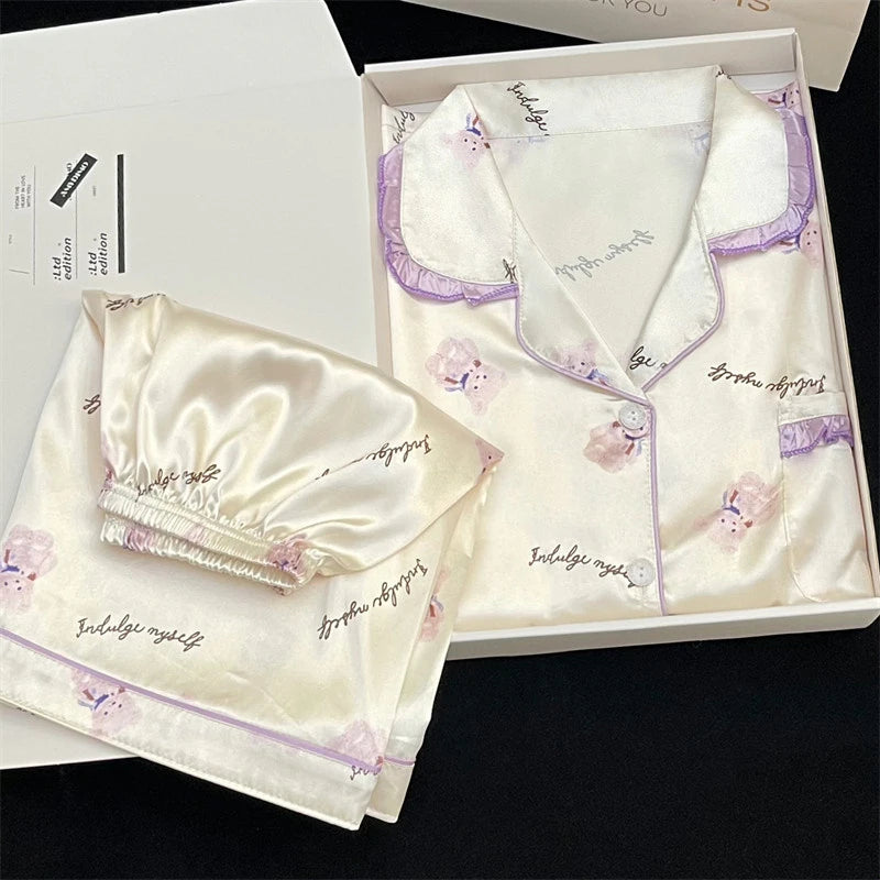 Sweet Peony Floral Prints Silk Female Casual Sleepwear