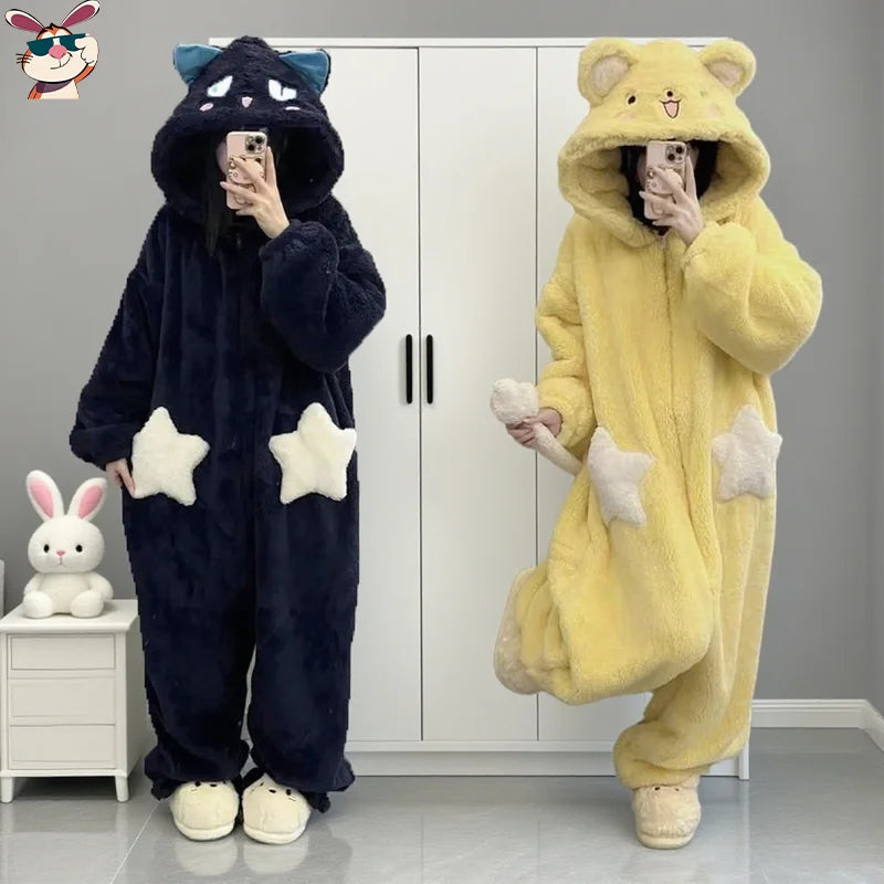 Star Patch Cute Jumpsuit Coral Fleece Pajamas