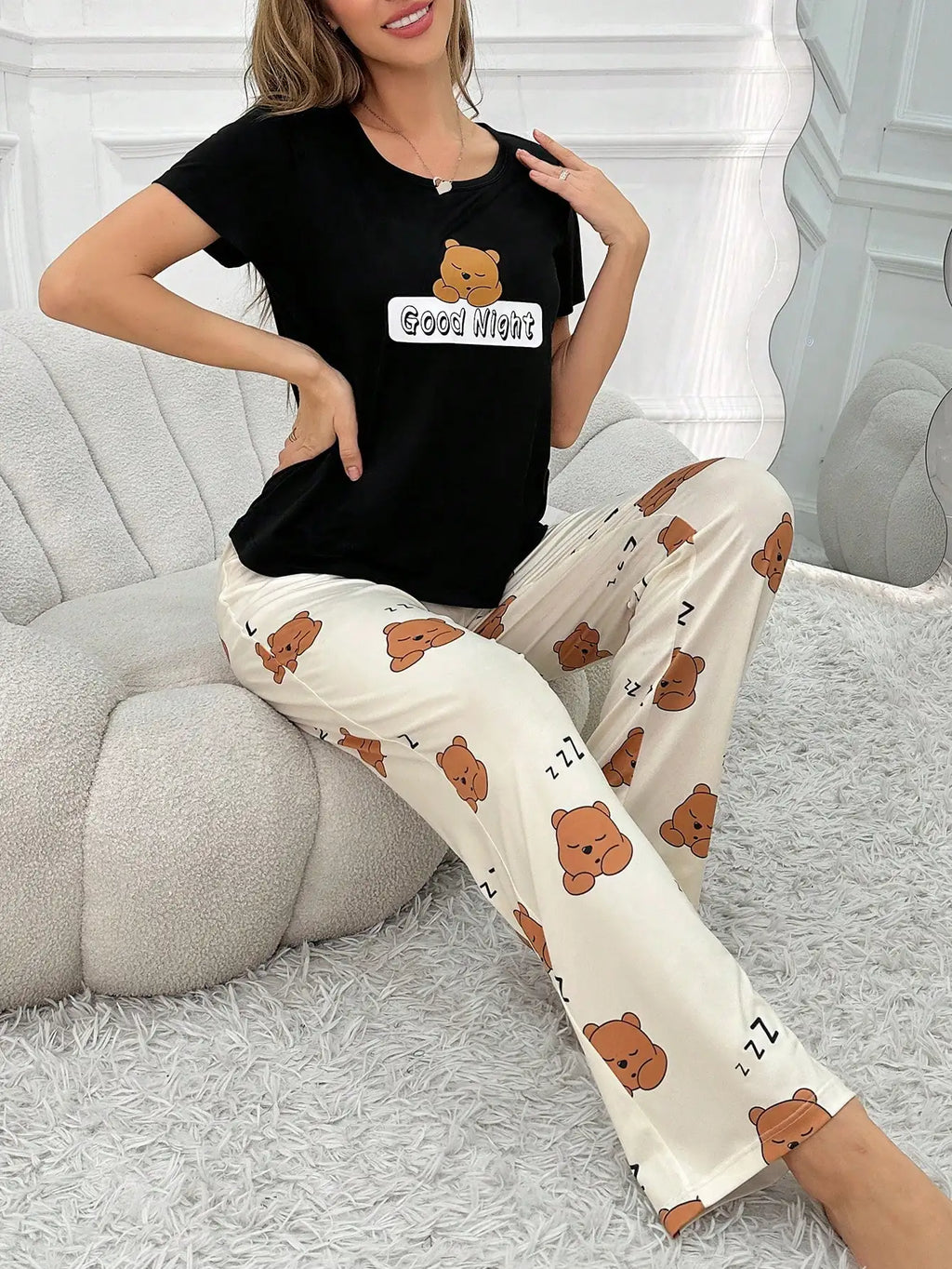Casual and Cute Cartoon Print 2-Piece Short-Sleeved Long Pants Pajama Set