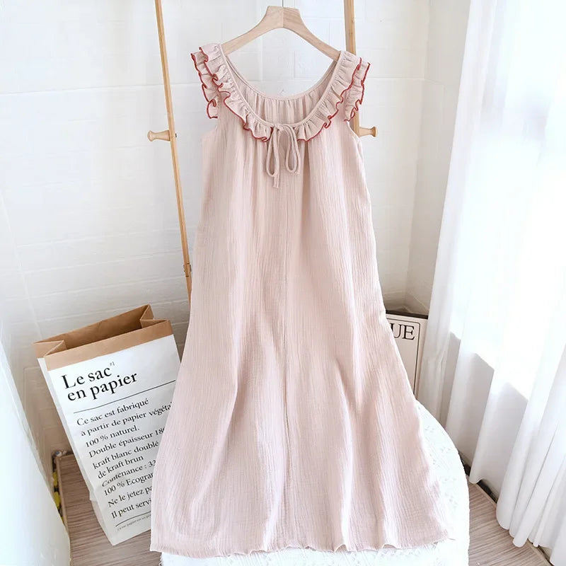 Ruffle Edge Sleeveless Camisole Women's Nightgown Double-layer Gauze Long Style Night Dress