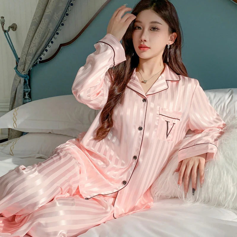Women's Silk Pajama Set Long Sleeve Long Pants Lightweight Sleepwear for Comfortable Homewear Pj Set