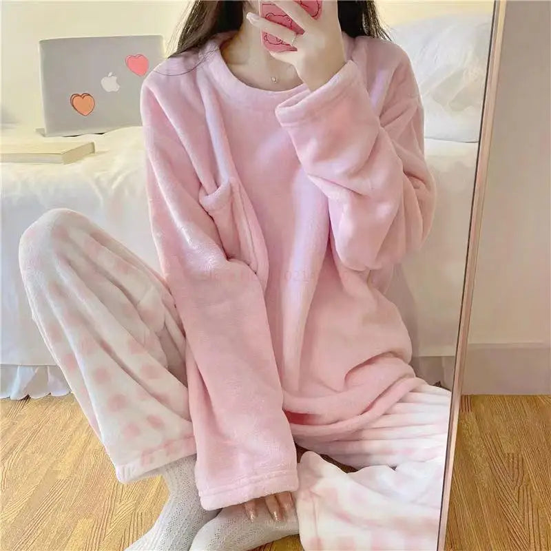 Kawaii Flannel Pullover Coral Velvet Pajamas