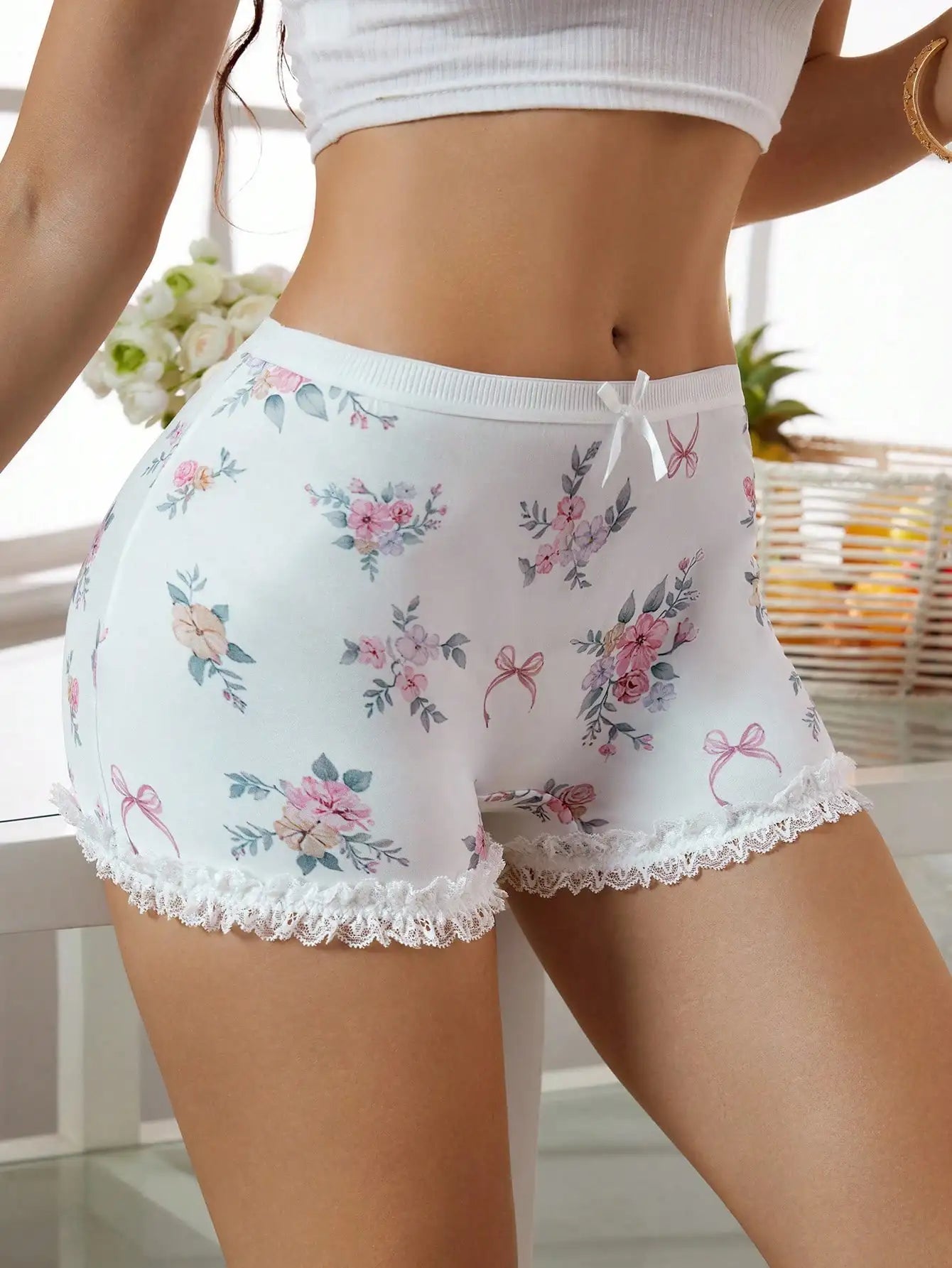 Women's Floral Print Lace Trim Shorts Soft Cotton Blend