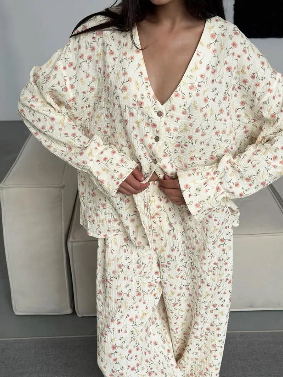 Floral 100% Cotton Printed Loose Cardigan Long Sleeved Pants Pajamas Two-piece Set