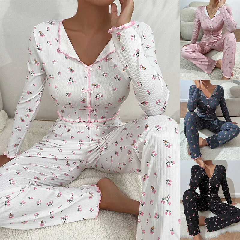 Y2K Bow Lettuce Trim Cute Floral Ribbed Womens Long Sleeve V Neck Two Piece Sleepwear