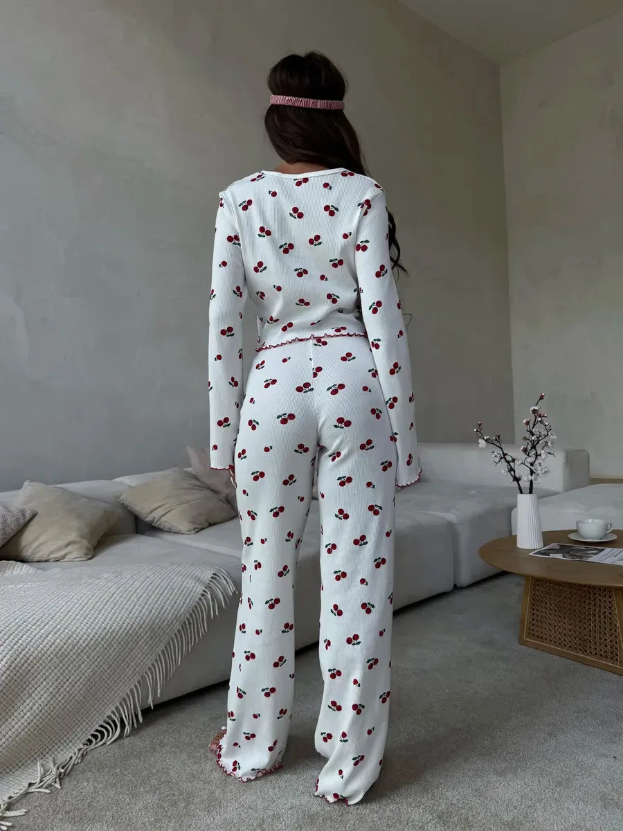 Y2K-Style Two-piece Cherry/Heart Print Cuffed-Long-Sleeve Tops and Long Trousers