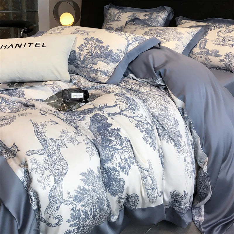 Soft Silky Skin-friendly Natural Eucalyptus Fiber Lyocell Bedding Set Forest Plants Leopard Duvet Cover Set Bed Sheet Pillowcases