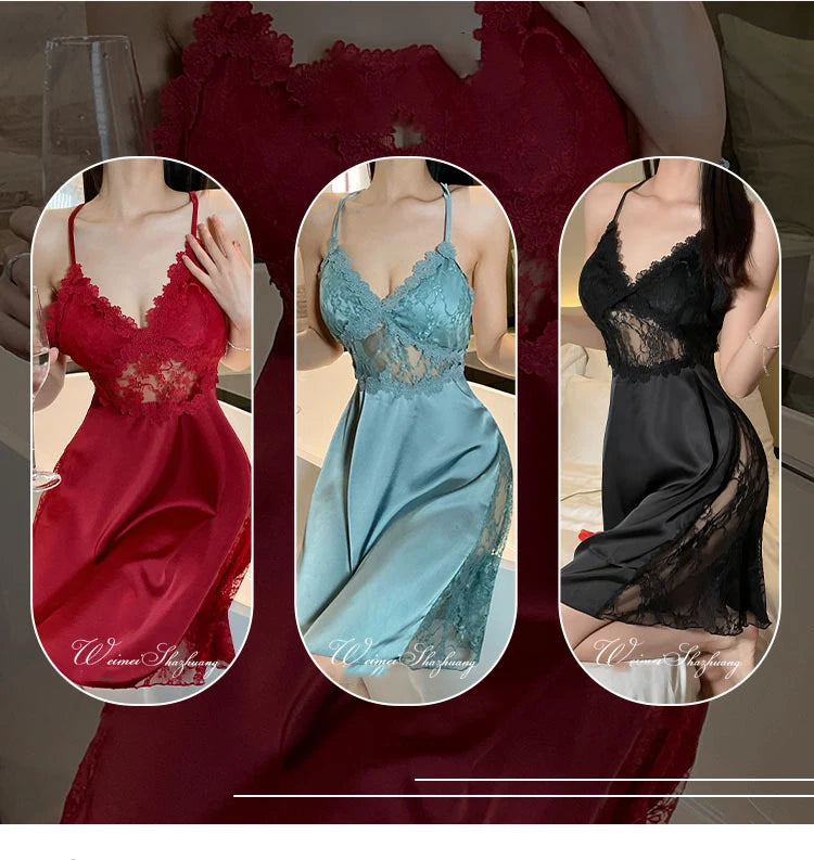 Sexy Camisole Nightgown Satin Deep V Backless Luxury Sleepwear