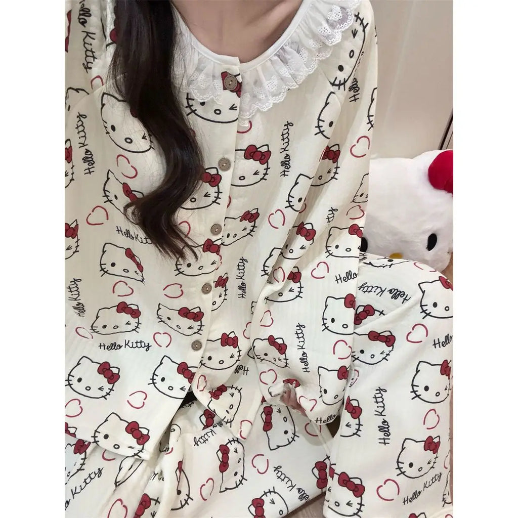 Hello Kitty Women's Plush Sweet Heart Lace Trim Long Sleeve Pants Cozy Home Loungewear