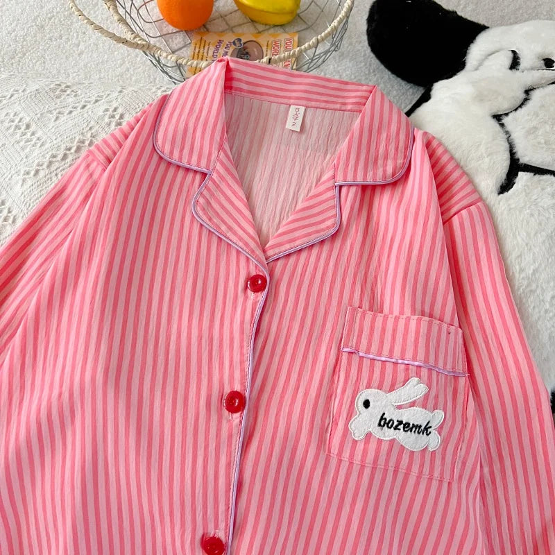 Embroidery Letter Striped Rabbit Print Long Sleepwear Two-piece Women's Pajamas
