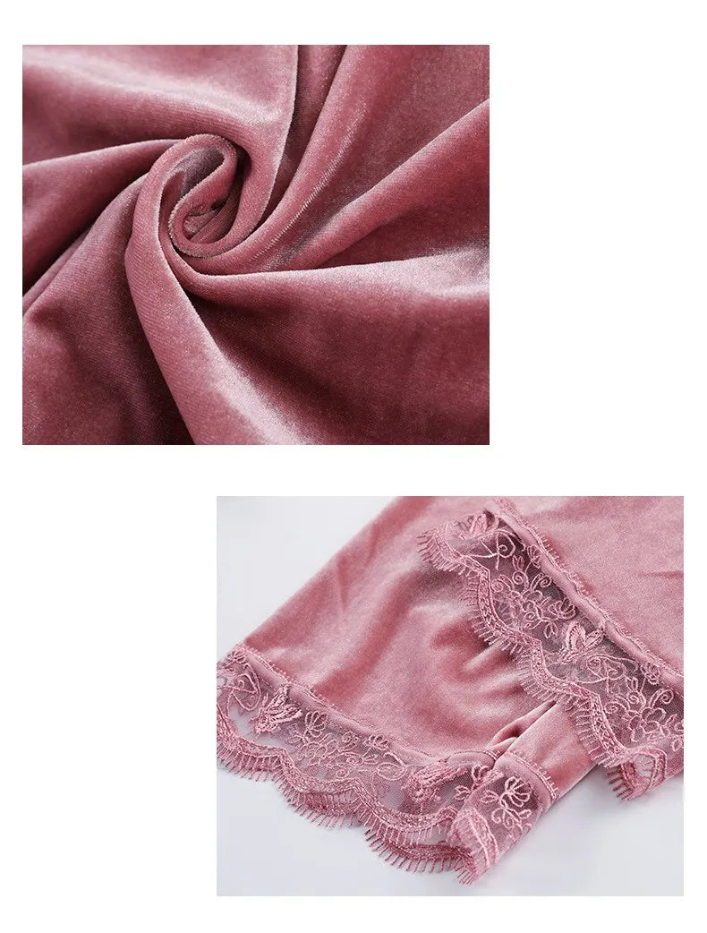 Lace Velvet 4 Pieces Women Warm Pajamas Sets With Pants Sexy Robe Sleepwear Sleeveless Nightwear