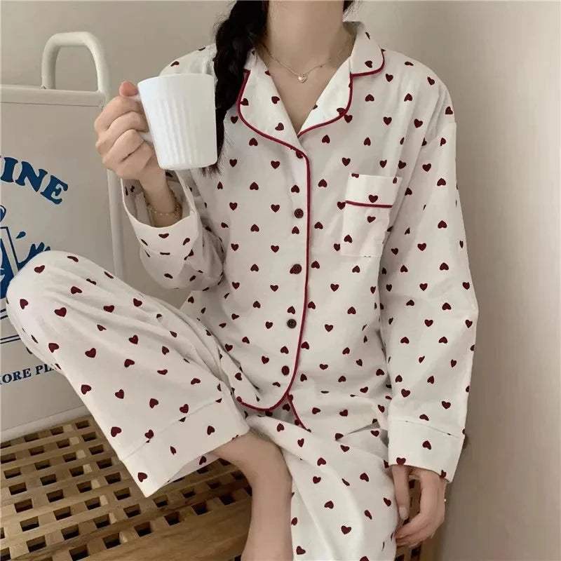 Peach Heart Long Sleeves Silk Pajamas