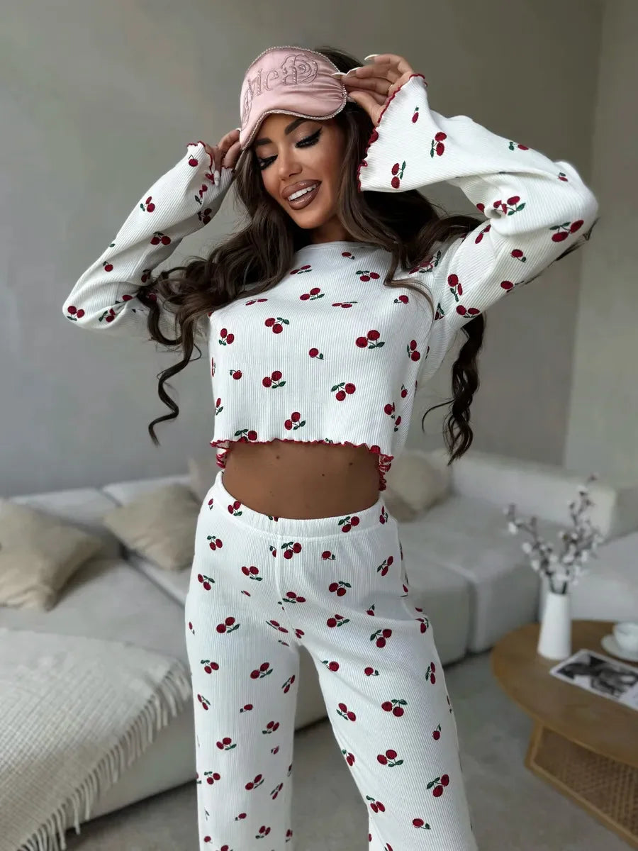 Y2K-Style Two-piece Cherry/Heart Print Cuffed-Long-Sleeve Tops and Long Trousers