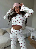 Y2K-Style Two-piece Cherry/Heart Print Cuffed-Long-Sleeve Tops and Long Trousers