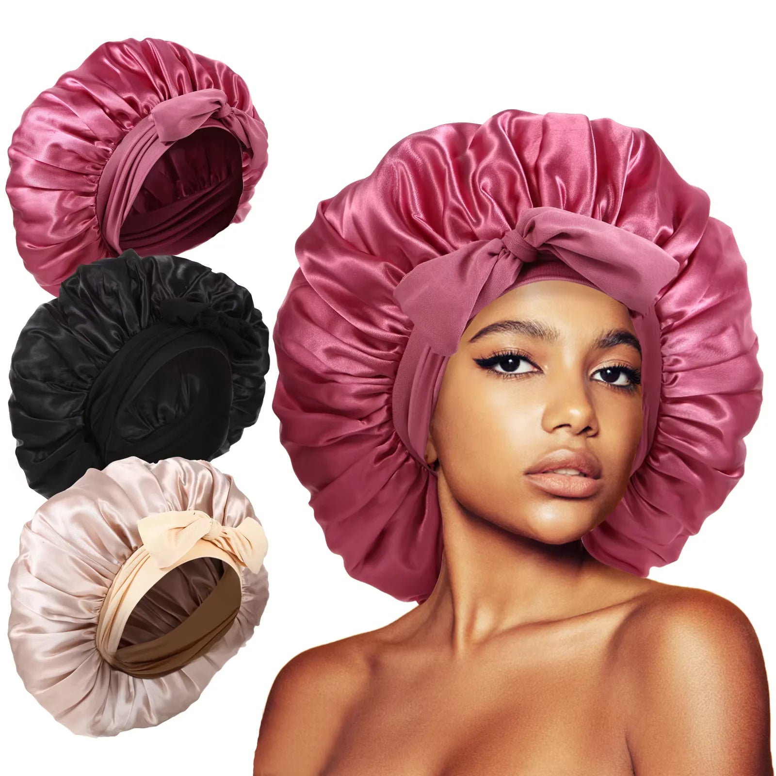 Large Satin Bonnet Silky Night Sleeping Cap with Stretchy Tie Band