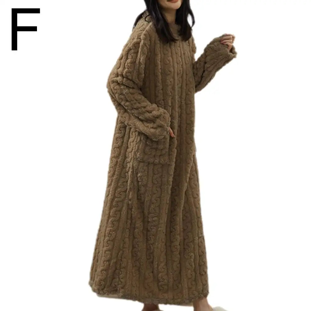 Velvet Women's Long Sleeve Double Pocket Flannel Loose Solid Sleepwear