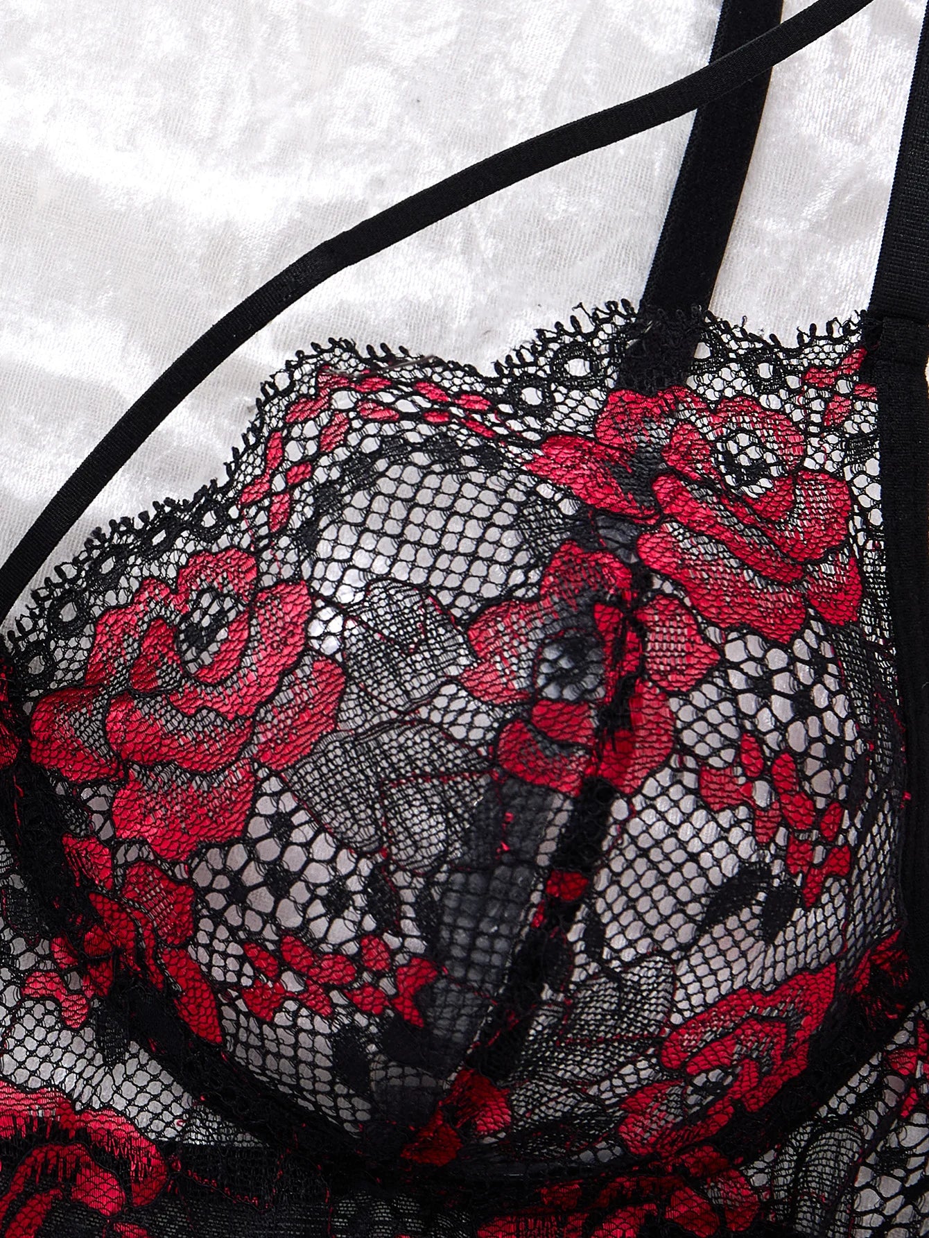Lady's Sexy Floral Pattern Lace Black Strapless Transparent Nightgown