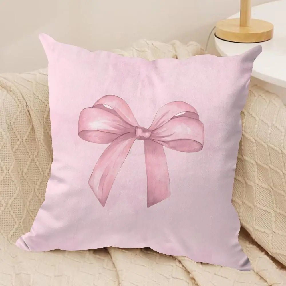 Pink Bow Cherry Cushion Cover Soft Plush Fabric Double-Sided
