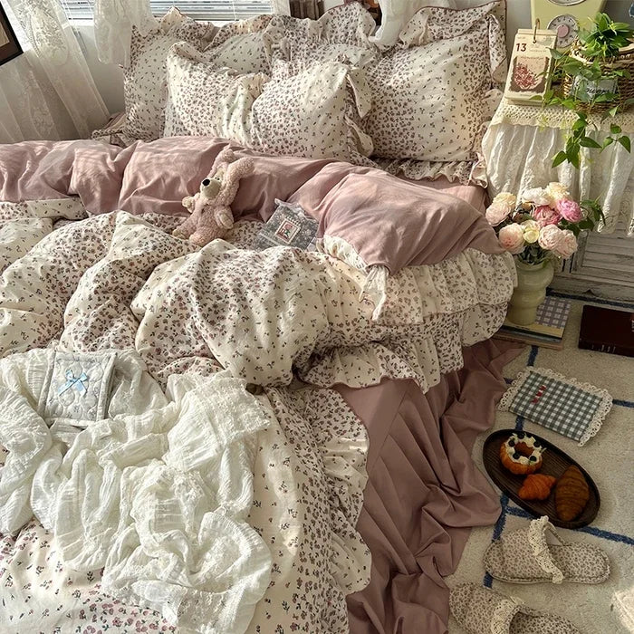 Princess Style Floral Ruffles Bedding Set Skin-friendly Soft Duvet Cover Set Bed Sheet Or Bed Skirt Pillowcases