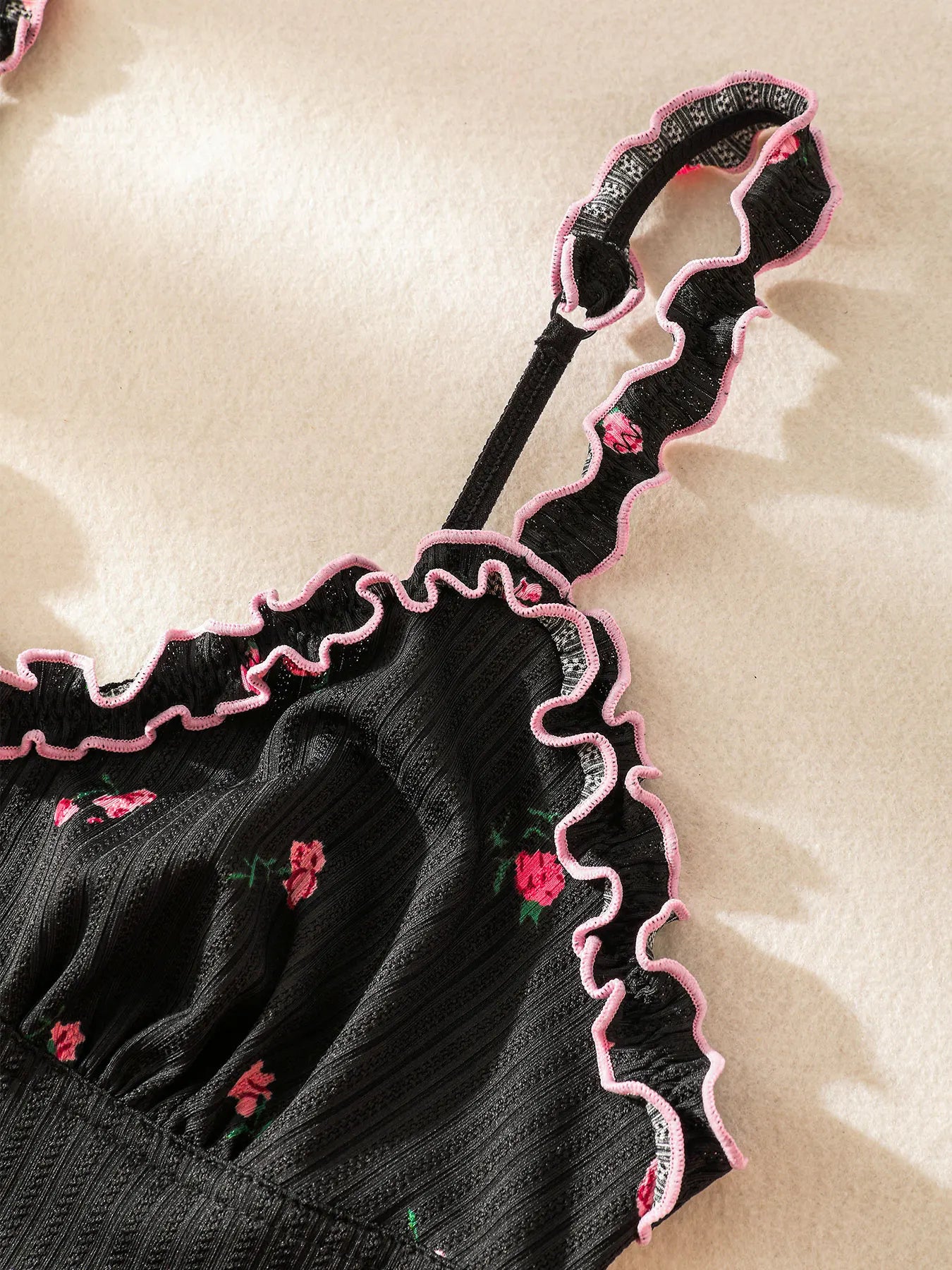 Cute Black Embroidered Rose One-piece Sleeveless Pajama Jumpsuit