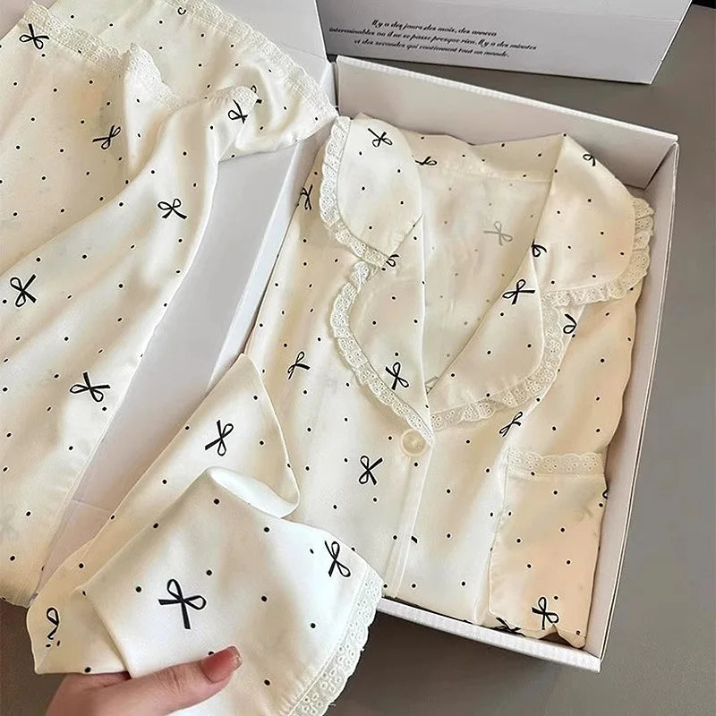 French-Inspired Chic High-Fashion Bow-Adorned Ice-Silk Lace-Trimmed Long-Sleeved Trouser Pajamas