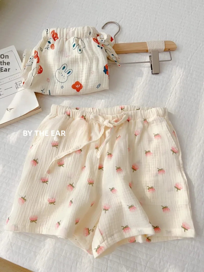 Thin Pure Cotton Bubble Cotton Gauze Sweet Loose High Waist Full Cotton Shorts