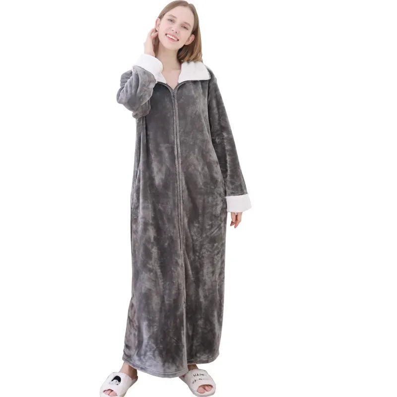 Ultra Long Thick Warm Bathrobe Thermal Flannel with Zipper