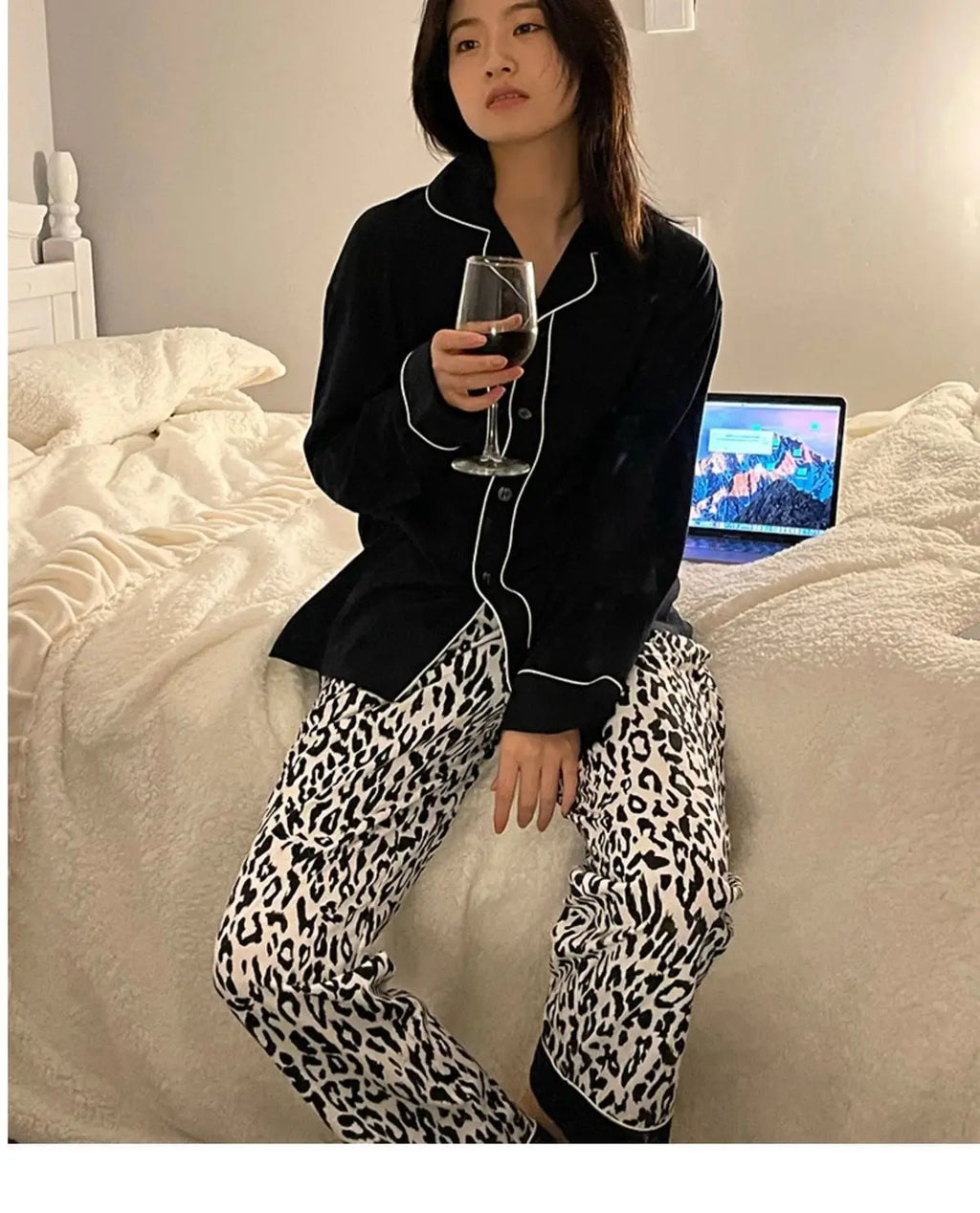 Ladies Black Leopard Cardigan Set
